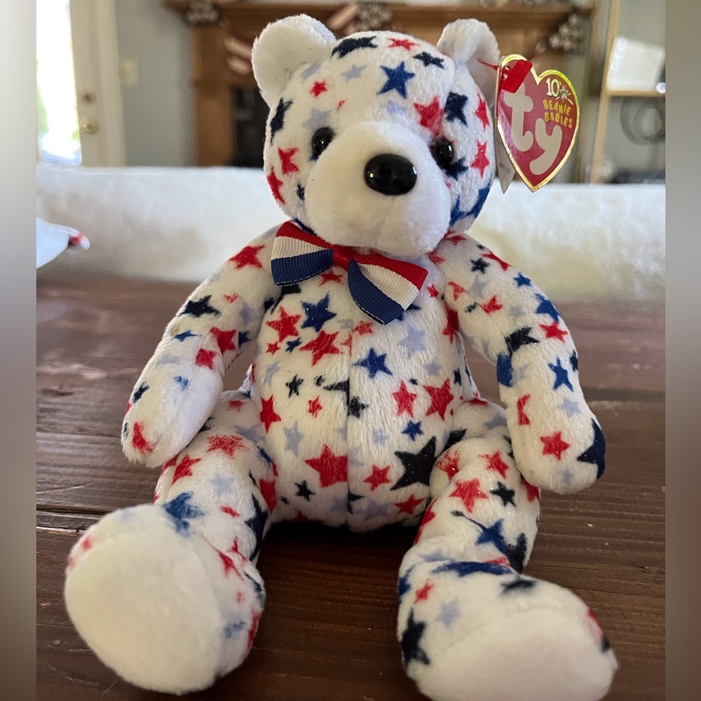 Beanie Baby 10 anniversary bear in red white & blue stars